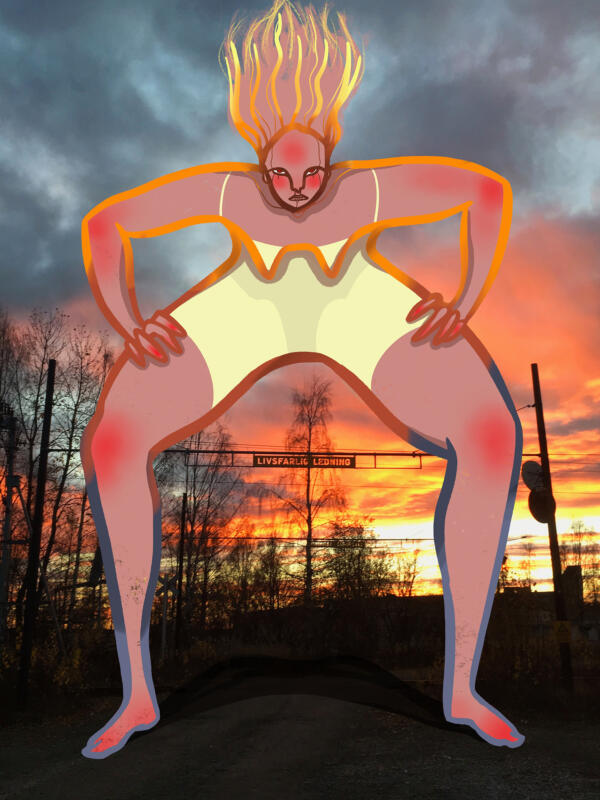 Digital färgillustration av en kvinna som står hukad ovanför en tågledning. Bakgrunden är ett fotografi med en solnedgång i starka gul, orangea toner. 