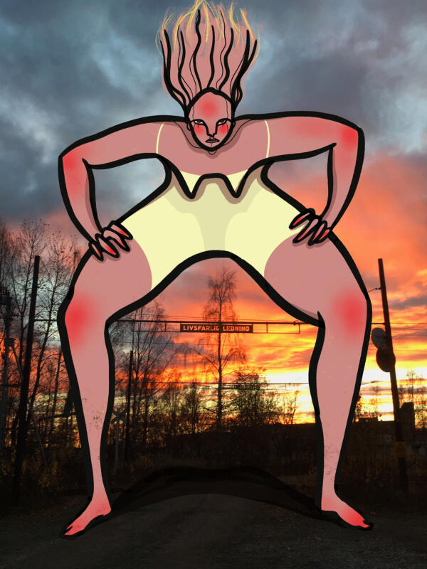 Digital färgillustration av en kvinna (med svarta linjer) som står hukad ovanför en tågledning. Bakgrunden är ett fotografi med en solnedgång i starka gul, orangea toner. 