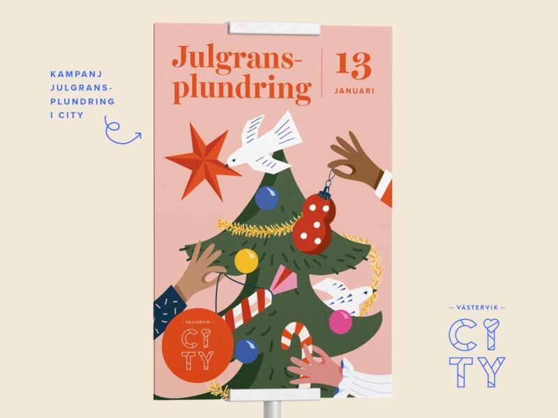Affisch föreställande en julgran där händer och fåglar klär granen med smällkarameller, julgranskulor, polkagrisar, glitterjirlang och stjärna. I affschen finns information om tid, plats och avsändare.
