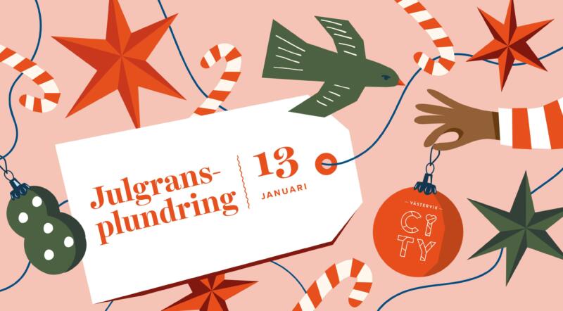 Illustration till kampanj föreställande händer och fåglar klär granen med smällkarameller, julgranskulor, polkagrisar, glitterjirlang och stjärna. I affschen finns information om tid, plats och avsändare.