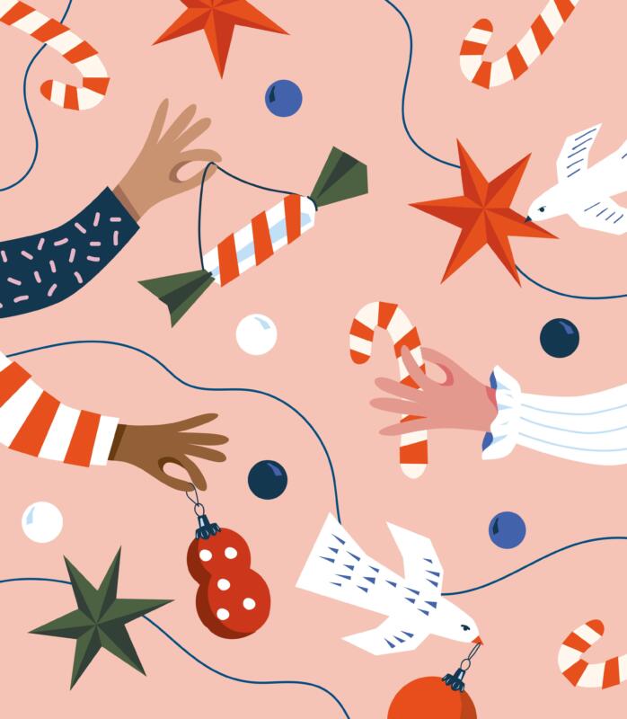 Mönster framtaget för eventet julgransplundring i Västervik, föreställande en julgran där händer och fåglar klär granen med smällkarameller, julgranskulor, polkagrisar, glitterjirlang och stjärna.