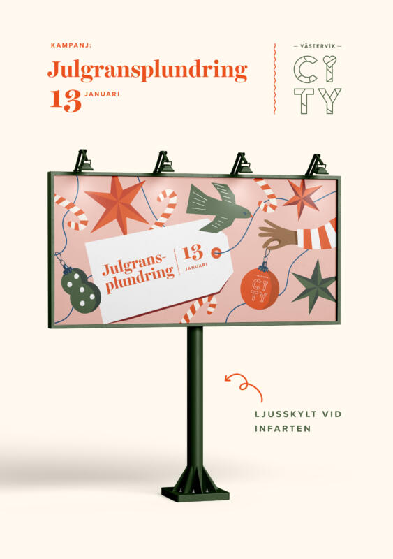 Illustration till kampanj föreställande händer och fåglar klär granen med smällkarameller, julgranskulor, polkagrisar, glitterjirlang och stjärna. I affschen finns information om tid, plats och avsändare.