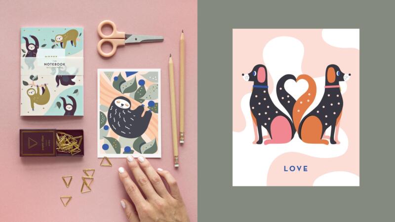 Vykort med olika motiv så som typografi, blommor och växter, hundar, sengångare, mönster, färgstarkt med grafisk känsla.
