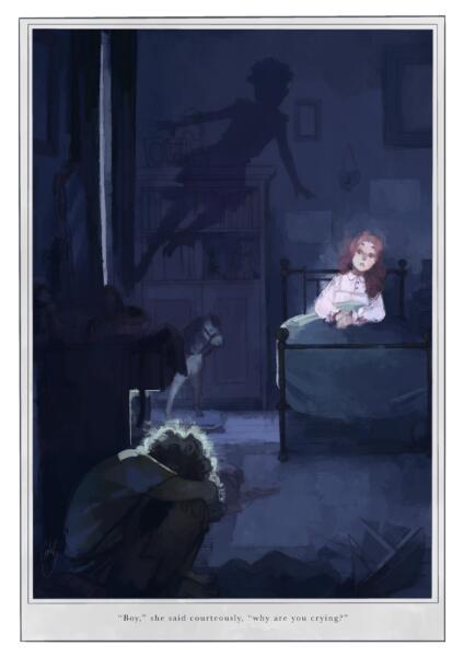 Färgillustration baserad på boken "Peter & Wendy", med Peter Pan och Wendy Darling