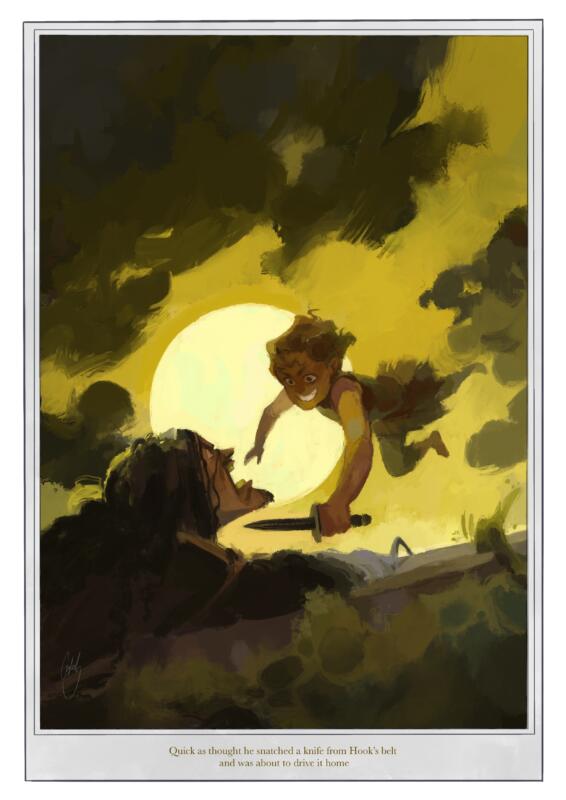 Färgillustration baserad på boken "Peter & Wendy", med Peter Pan och Kapten Krok