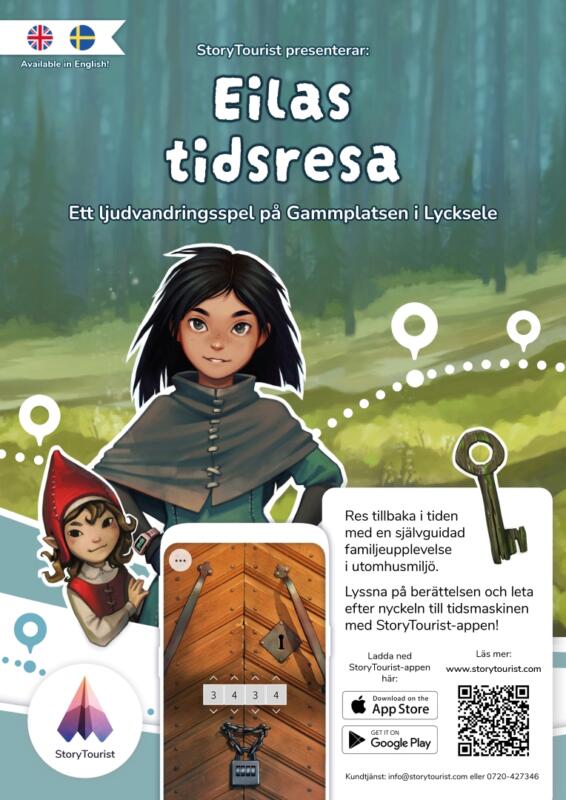 A poster advertising an audio tour app for kids and families. It's a collage of different image assets such as a phone displaying a painted game element from the app, descriptive text, logos, language information and the key art illustration.