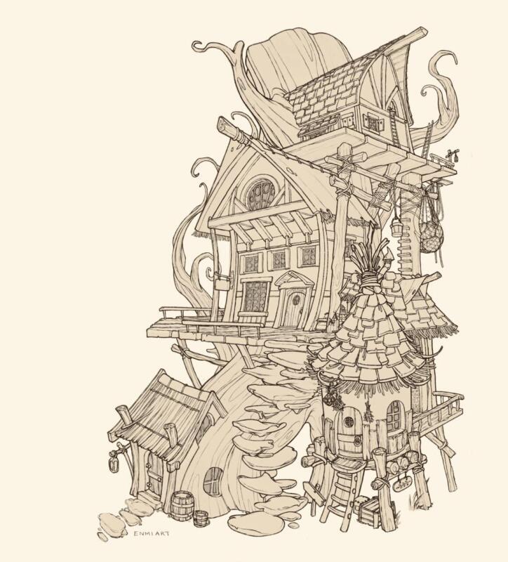 Detaljerad teckning av små gulliga hus byggda kring ett träd eller en stubbe med svampar. Det är många små söta fönster, dörrar, stegar, tunnor, skyltar och andra småprylar. Illustration för möss eller andra små varelser i en fantasyberättelse eller saga.