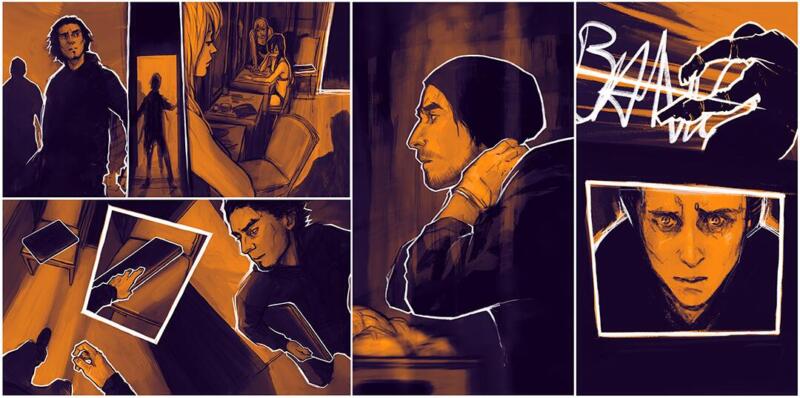 Illustrationer och seriepaneler tecknade i grov, lite slarvig stil i orange, lila och vitt. Bilderna föreställer karaktären Jorge från Snabba Cash