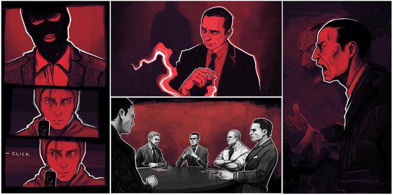 Mörka serieteckningar och illustrationer i rött och svart föreställande män i kostym, gangsters, maffiamedlemmar och en läskig man med rånarluva.