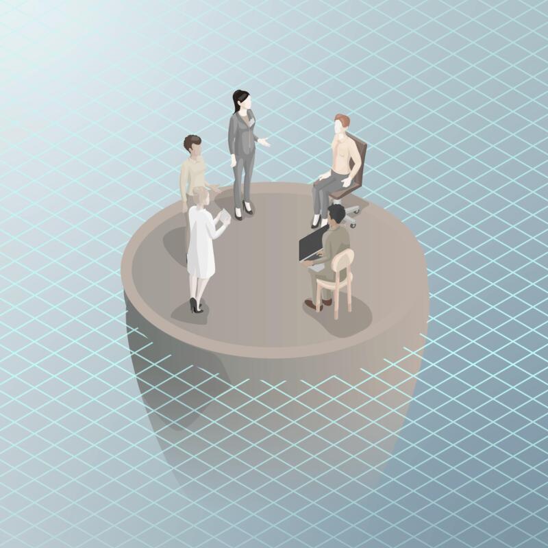 Illustration av en grupp människor som står i en cirkel och diskuterar