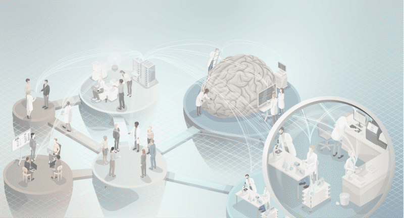 Illustration av öar som representerar olika forskningsfält och hur de sammankopplas