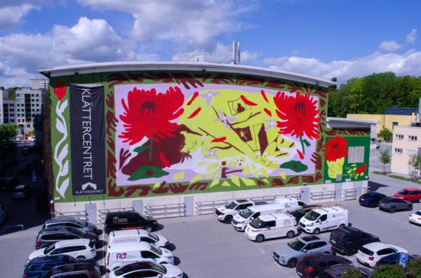 A mural about the impact of sexual assault, A Konstfack master project, on a building by Vasakronan. Mural on Klättercentret.