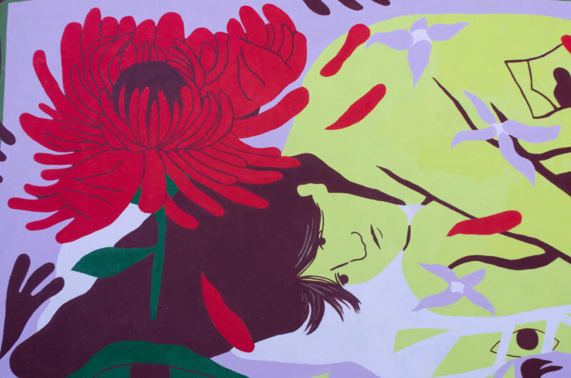A mural about the impact of sexual assault, A Konstfack master project, on a building by Vasakronan. Mural on Klättercentret. 