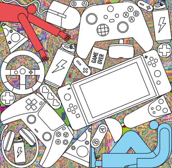 Digital illustration available en toning och hens förälder. Tonåringen sitter i det högra nedre hörnet och många olika tv-spelkonsoller som staplats omkring gör det svårt för föräldern att nå sitt barn.