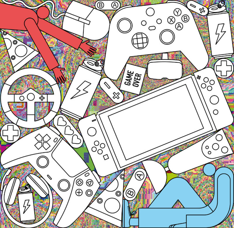 Digital illustration available en toning och hens förälder. Tonåringen sitter i det högra nedre hörnet och många olika tv-spelkonsoller som staplats omkring gör det svårt för föräldern att nå sitt barn.