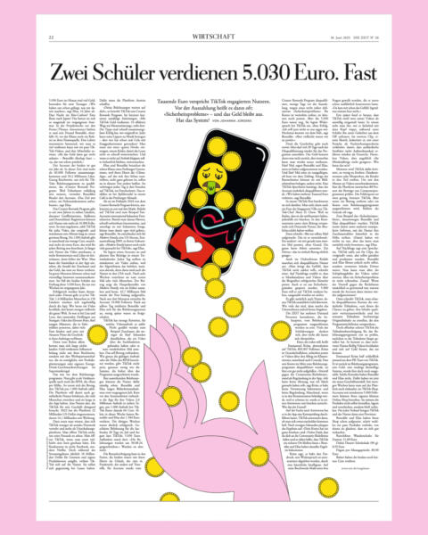 Illustrationen visar en mobiltelefon ur vilken det ramlar mynt. Under den sträcker sig en hand för att ta emot pengarna men inget av mynten samlas i handen.