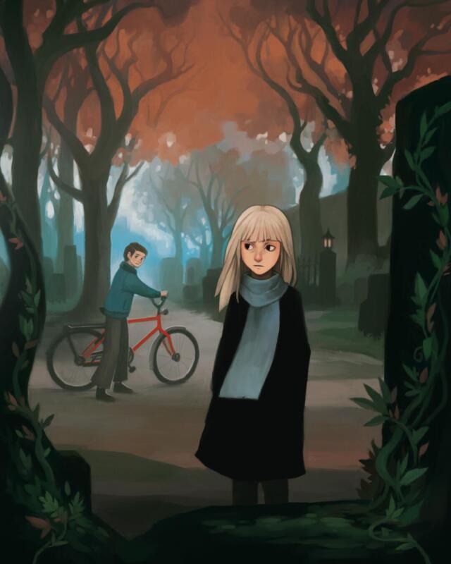 Illustration av en flicka med blont hår, svart kappa och halsduk som står på en kyrkogård. Höstig och lite kuslig känsla med röda höstlöv på träden. En pojke i blå jacka står i bakgrunden med en röd cykel.