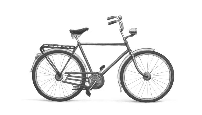 Svartvit illustration i blyerts av en gammeldags cykel.