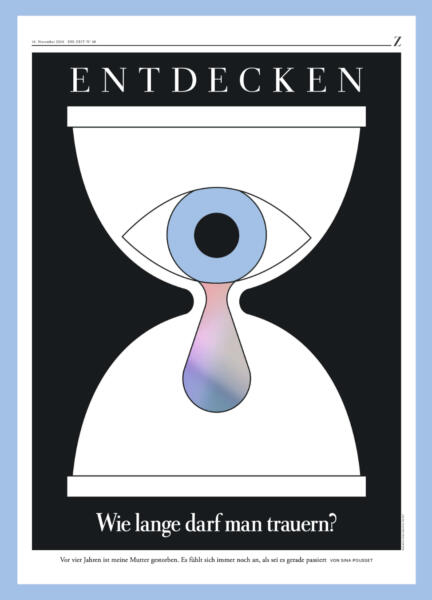 Illustrationen visar ett timglas med ett gråtande öga som symboliserar tiden som den efterlevande har sörjt.