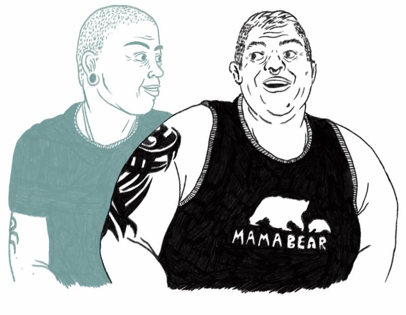 Halvbild av två ickebinära personer, en har rakat huvud, en har ett linne med texten ”mama bear”