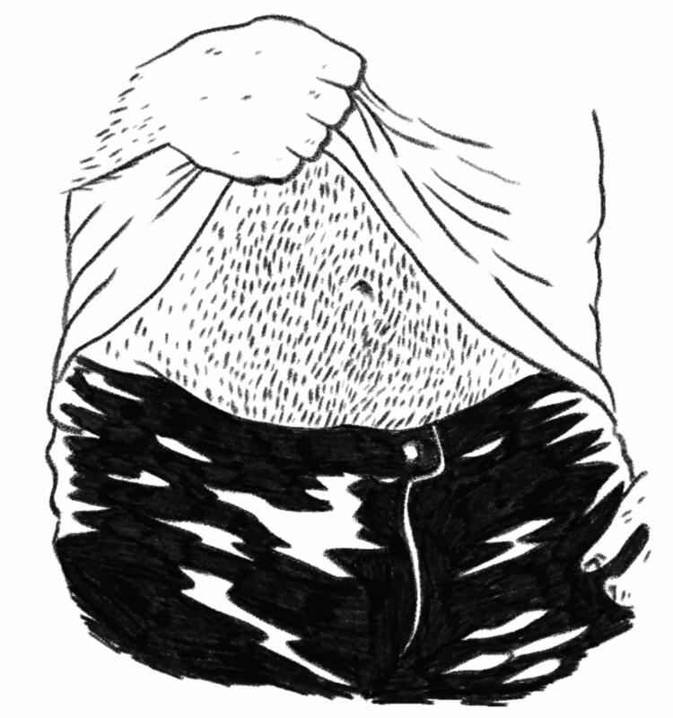 blyertsteckning föreställande ett läderbyxklätt skrev. En hand lyfter linnet över och visar en hårig muskulös mage