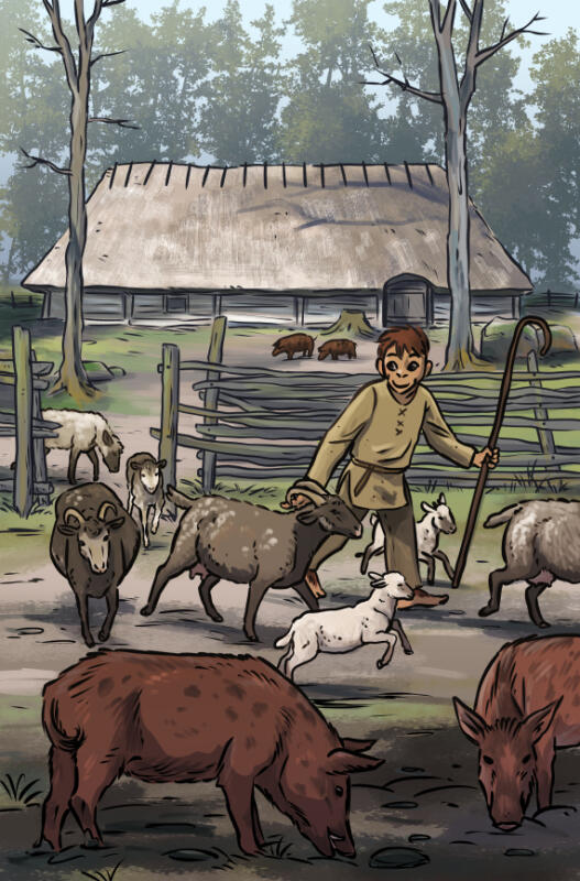 Pojke hominin vallar får, getter och grisar framför en bondgård på stenåldern. Staket, långhus, historia, träd, skog, natur, barn, barnbok. 