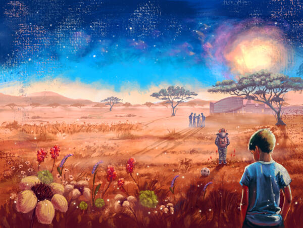 Boy on field. Painterly digital book cover illustration. 
