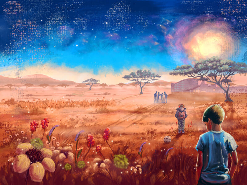 Boy on field. Painterly digital book cover illustration. 