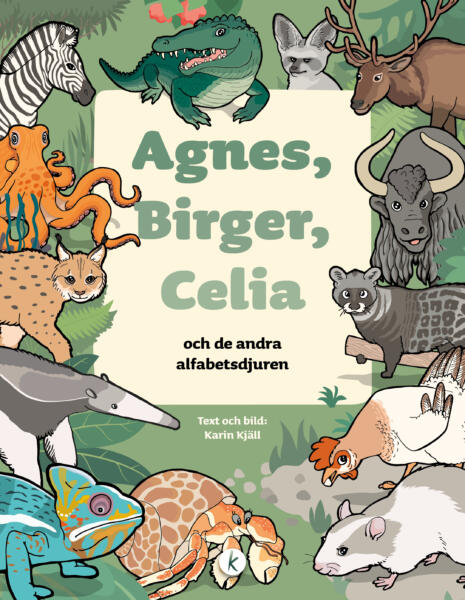 Framsida till en ABC-bok för barn. Olika tecknade djur och växter omger en ruta där titeln och författarens namn står.