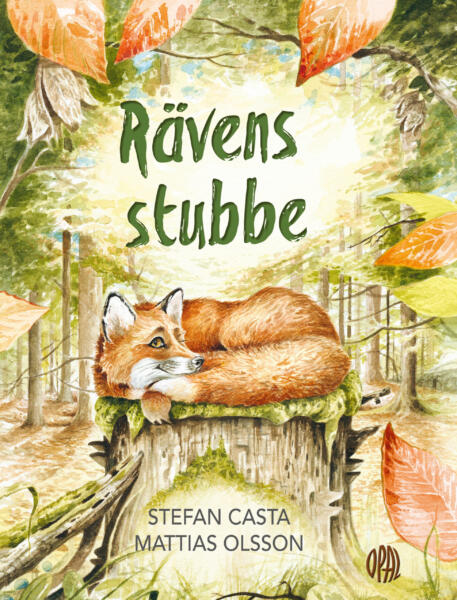 En målad räv på en stubbe i skogen