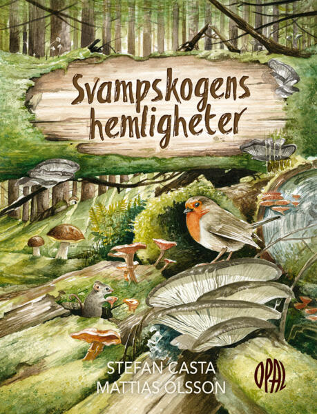 En mossig skog med svampar och djur