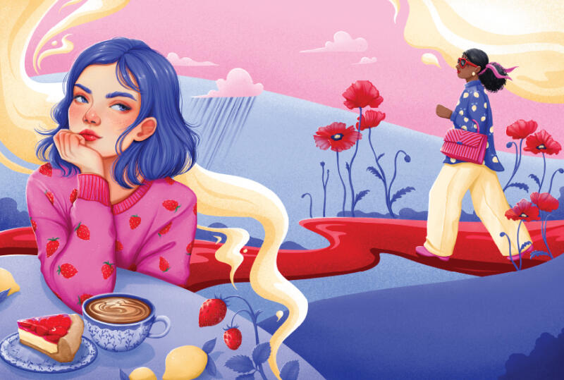 Illustration i färg som föreställer en tjej med blått hår som dricker kaffe och äter cheesecake.