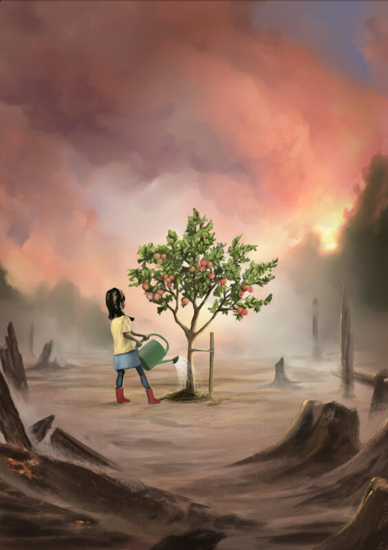 Illustration från En kort och relativt trevlig bok om klimatet. En flicka står i en nedbränd skog och vattnar ett nyplanterat äppelträd.