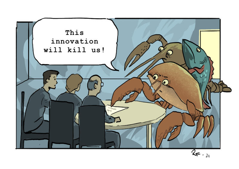 Illustration ur Doktorsavhandlingen "Innovation Resistance. Moving Beyond Dominant Framings". En fisk och två skaldjur konfronterar tre människor i kostym. 