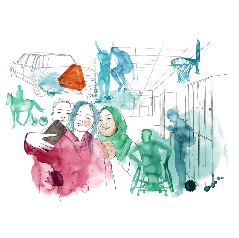 Illustration av ungdomar i en skolmiljö och fritid