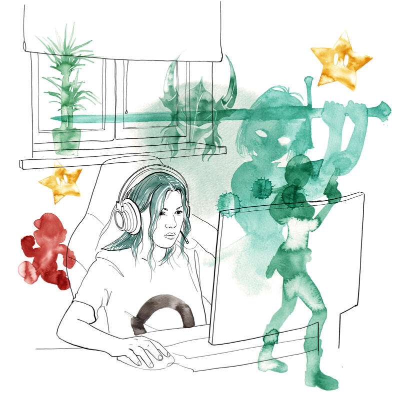 Illustration i teckning och akvarell av en tjej som spelar på en dator