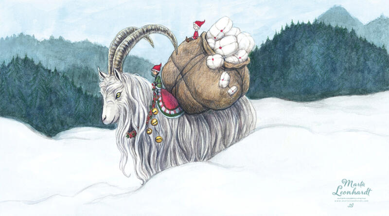Presentpåse med julbock och två tomtenissar i akvarell, för PostNord.