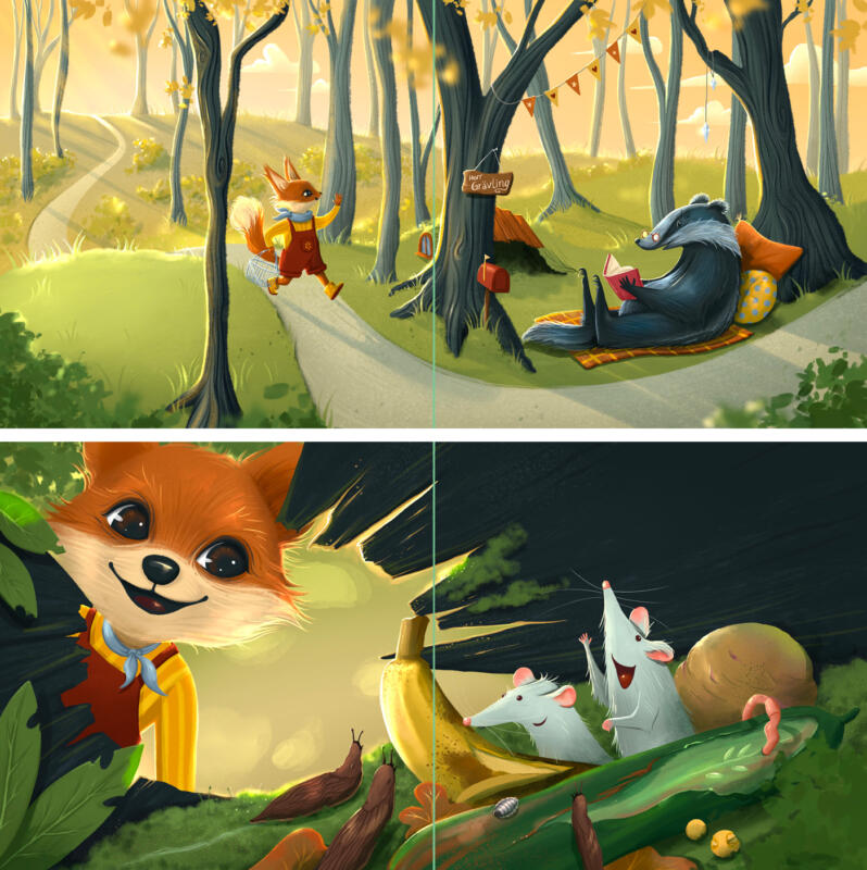 Barnboksillustrationer av Rebecka Porse Schalin som föreställer en liten räv som är ute på äventyr i skogen och träffar olika djur.
