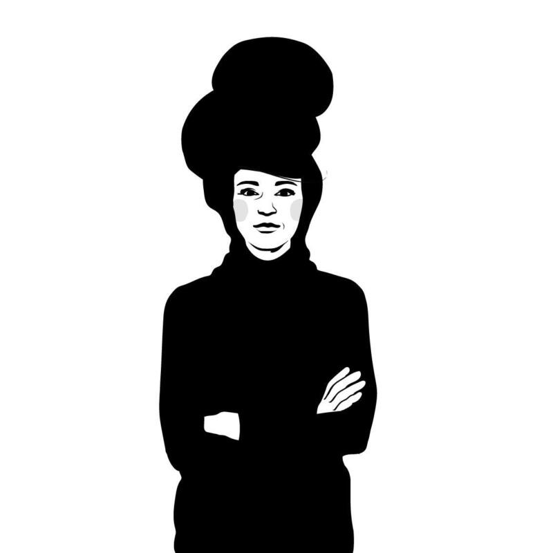 Svartvit illustration av en avslappnad person som står med armarna i kors och ser lugn ut.