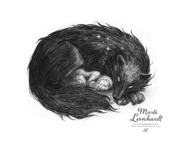 Bokillustration i kol av en flicka och en skuggvarg. Illustrationer för barnboken "Skrothandlerens datter" som jag gjort tillsammans med den norske författaren Frode Eie Larsen. Bokillustration, svartvita spot illustration, detalj. Flicka och varg eller varulv, hamnskiftare. 