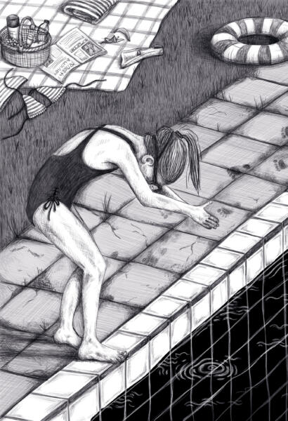 Illustration i svartvitt på Juli som står vid poolkanten och försöker lära sig att dyka.