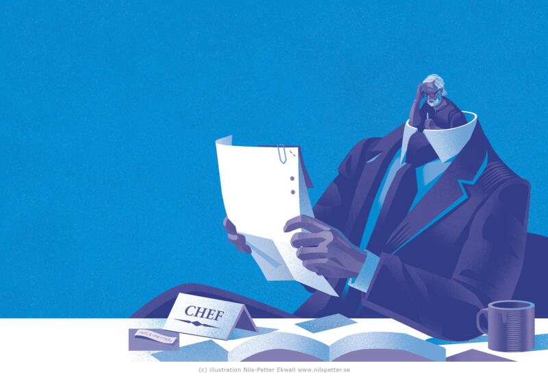 tidningsuppslag av svenska Illustratören  Nils-Petter Ekwall om chefers psykiska hälsa och ökande ledartäthet i svenskt arbetsliv.