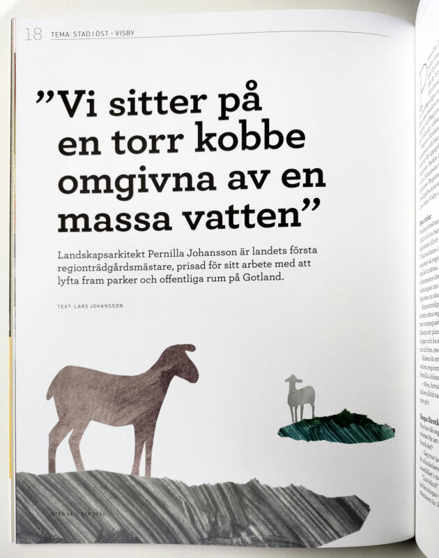 Får på karg mark: Två stiliserade får står på varsin ö, symboliserande isolering och det karga gotländska landskapet.