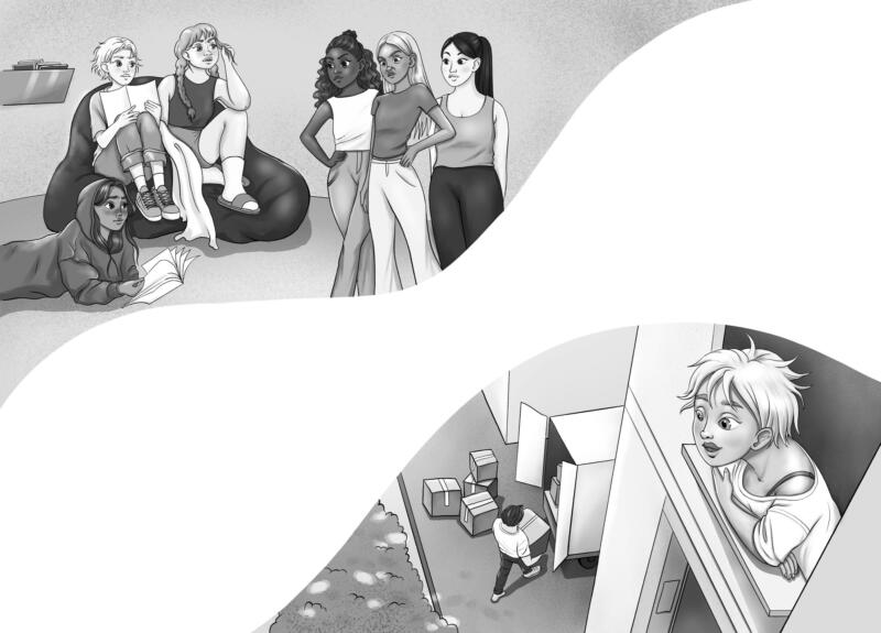 Hegas Förlag, illustration av Rebecka Porse Schalin som föreställer olika scener i bokens handling. Svartvit illustration.