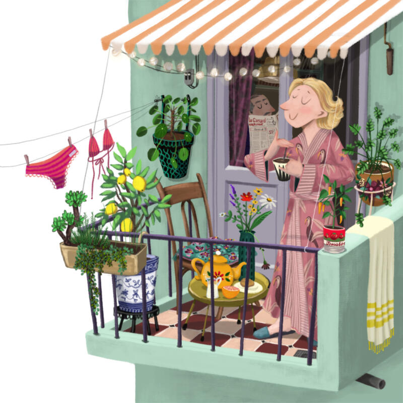 Illustration: Kvinna dricker morgonkaffe på balkongen efter ett morgondopp