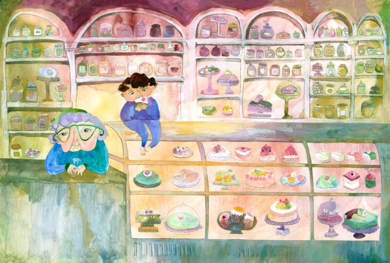 Illustration barnbok, bilderbok för barn 3-6 år. Handgjord, akvarell, collage, Pojke och farmor på konditori, bageri. Pojke äter kaka tårta bakelser ,barnboksillustration, bilderboksillustration, handgjord illustration, akvarellillustration, collageillustration, handgjord typografi, barn 3–6 år, barnbok, konditori, tårtor, bakelser, portfolio, Hannah Arnesen.