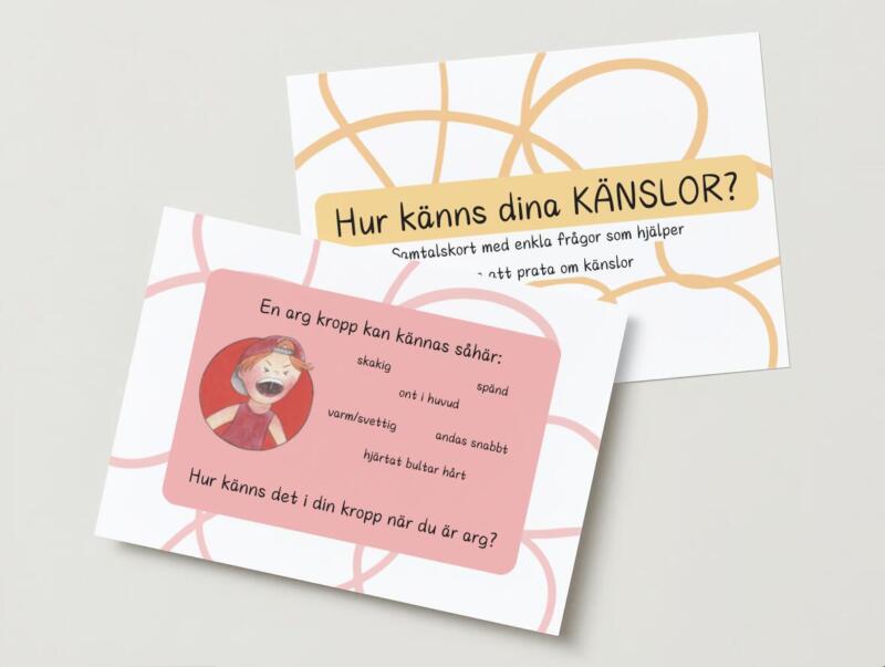 Kort man kan använda i samtal med barn som hjälper barn att prata om sina känslor. Korten är färgglada med starka känslouttryck i illustrationerna med enkel text.