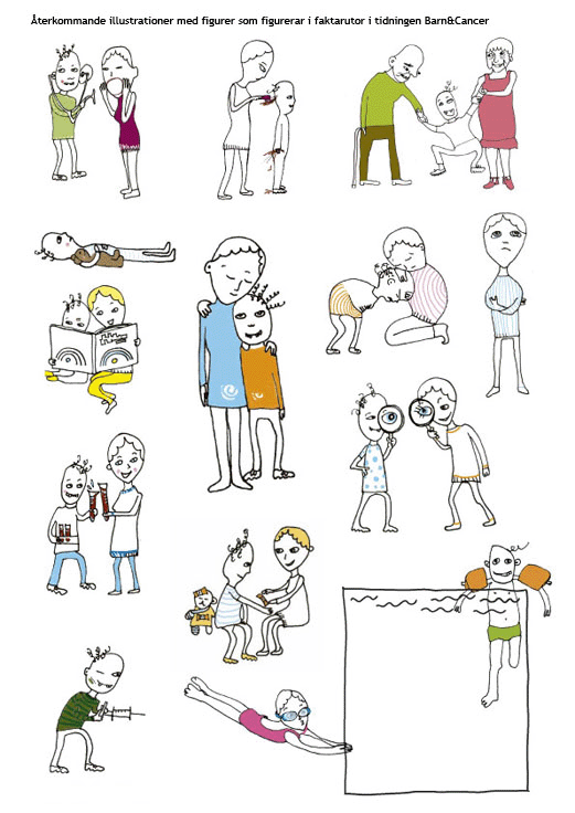 Eva Edberg illustrerar ett återkommande syskonpar i tidningen Barn & Cancer som förekommer under 10 år. Figurerar i faktarutor och spalter.