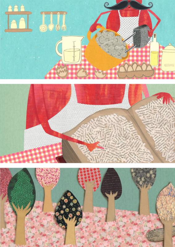 Children’s book collage illustration of a character reading a book, warm colors and textured handmade style