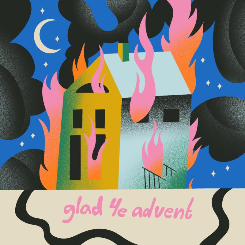 Färgglad digital illustration av ett hus som står i lågor med lettering av texten glad 4e advent under